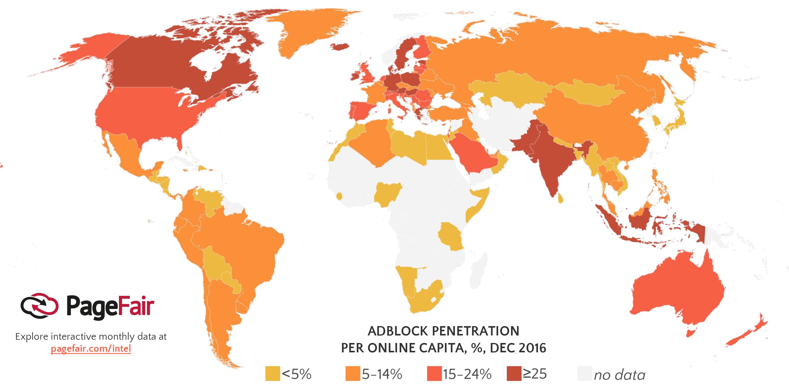 Global adblock usage per capita - PageFair 2017 Global Report ()